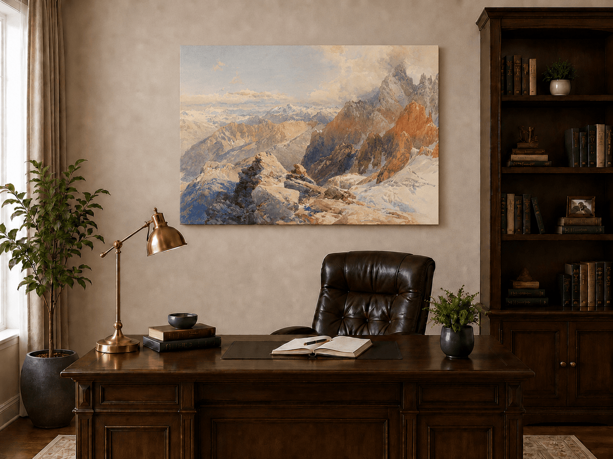 Peinture à l'huile de paysage - Pics rocheux alpins et chaînes de montagnes enneigées
