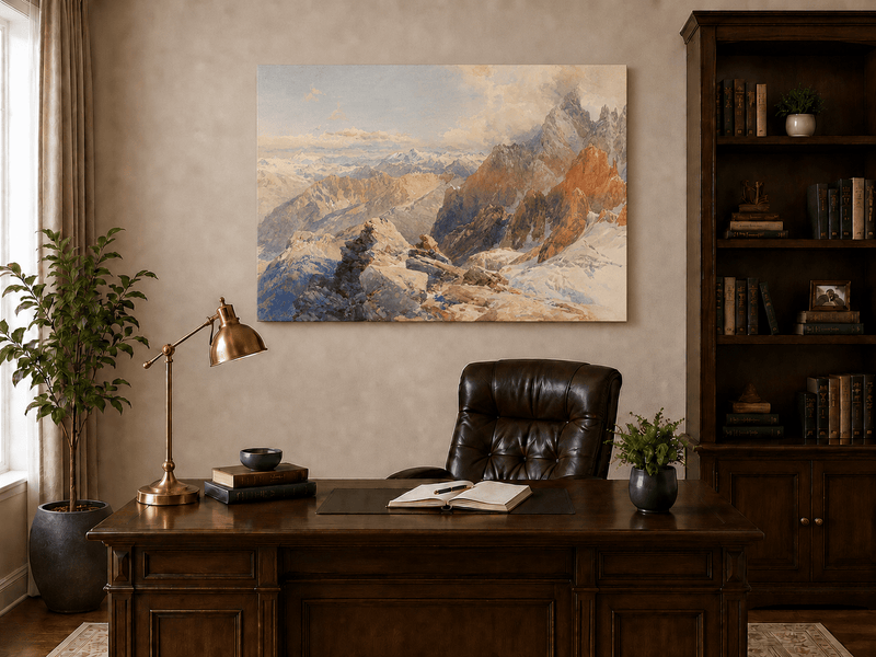 Peinture à l'huile de paysage - Pics rocheux alpins et chaînes de montagnes enneigées