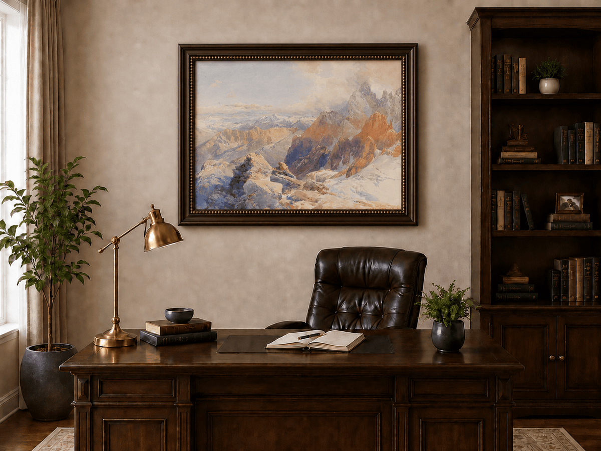 Peinture à l'huile de paysage - Pics rocheux alpins et chaînes de montagnes enneigées