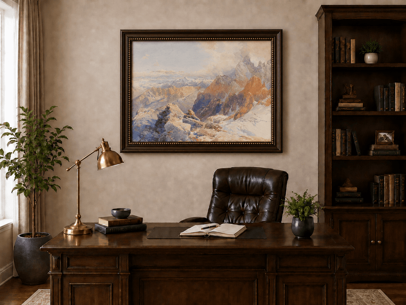 Peinture à l'huile de paysage - Pics rocheux alpins et chaînes de montagnes enneigées