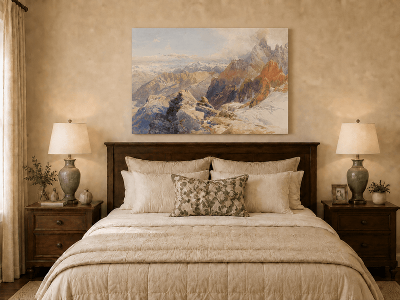 Peinture à l'huile de paysage - Pics rocheux alpins et chaînes de montagnes enneigées