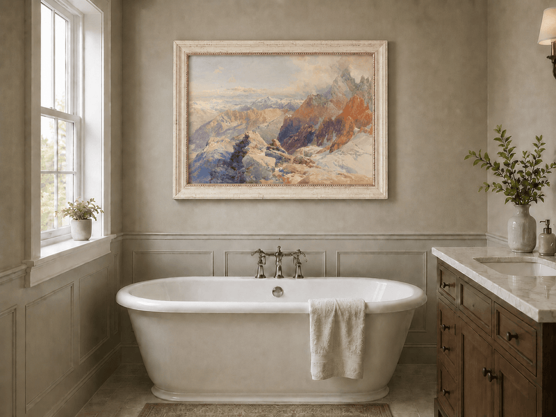 Peinture à l'huile de paysage - Pics rocheux alpins et chaînes de montagnes enneigées