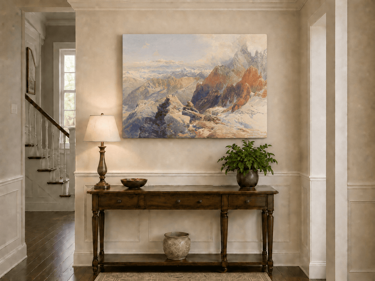 Peinture à l'huile de paysage - Pics rocheux alpins et chaînes de montagnes enneigées