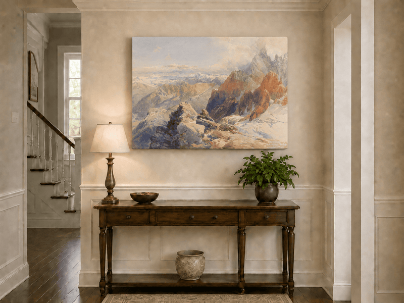 Peinture à l'huile de paysage - Pics rocheux alpins et chaînes de montagnes enneigées
