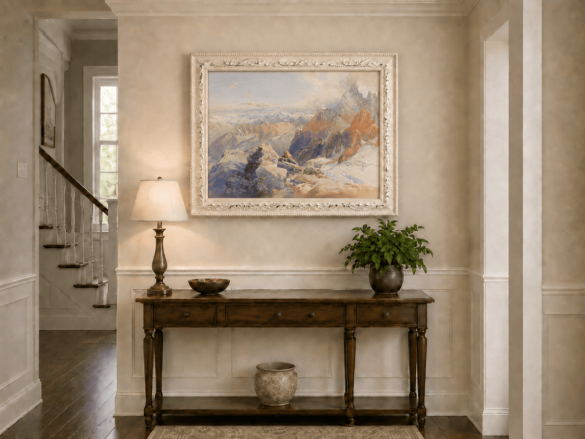 Peinture à l'huile de paysage - Pics rocheux alpins et chaînes de montagnes enneigées