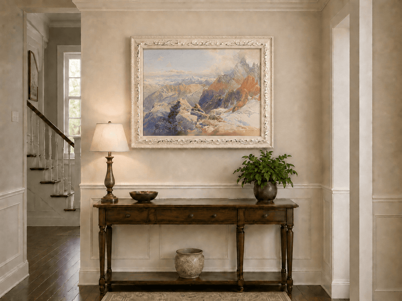 Peinture à l'huile de paysage - Pics rocheux alpins et chaînes de montagnes enneigées
