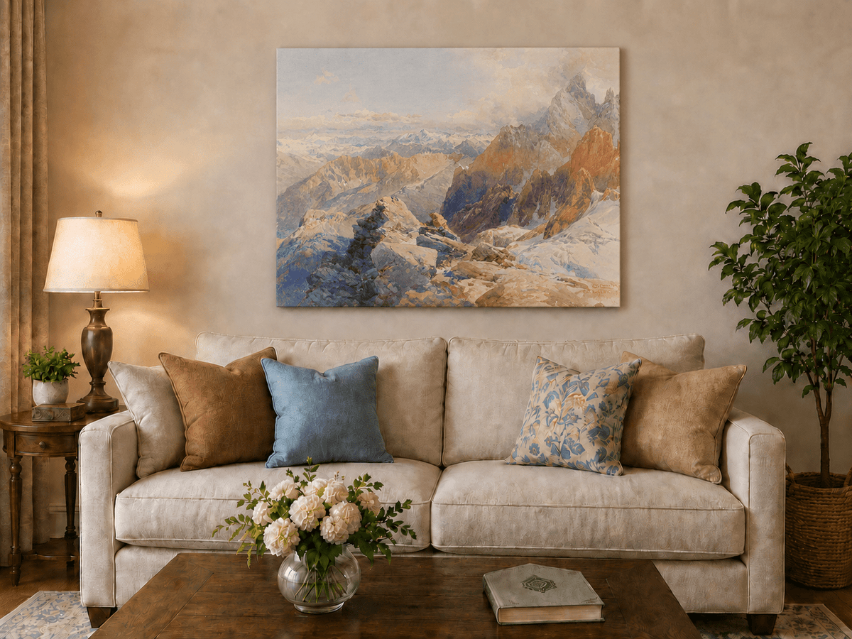Peinture à l'huile de paysage - Pics rocheux alpins et chaînes de montagnes enneigées