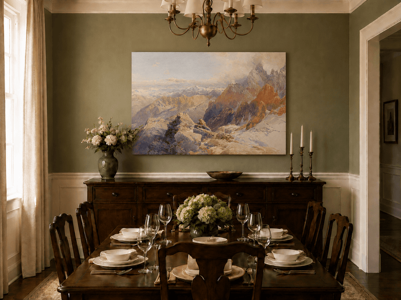 Peinture à l'huile de paysage - Pics rocheux alpins et chaînes de montagnes enneigées