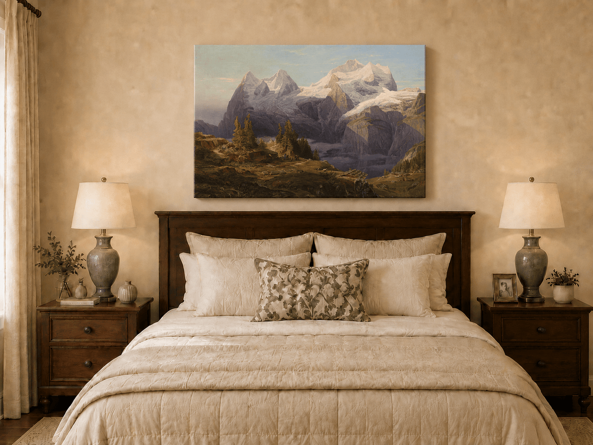 Landscape Oil Painting - Alpine Snow Peak & Cabin