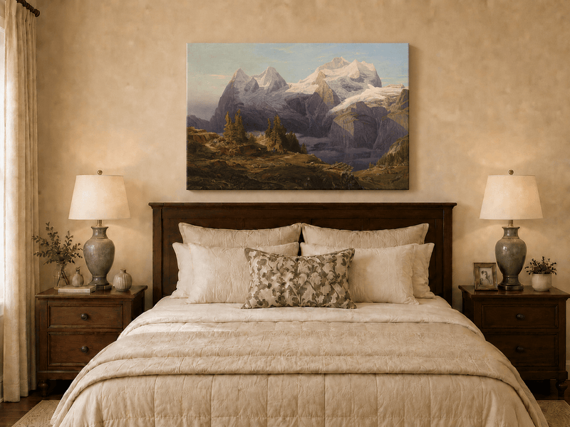 Landscape Oil Painting - Alpine Snow Peak & Cabin