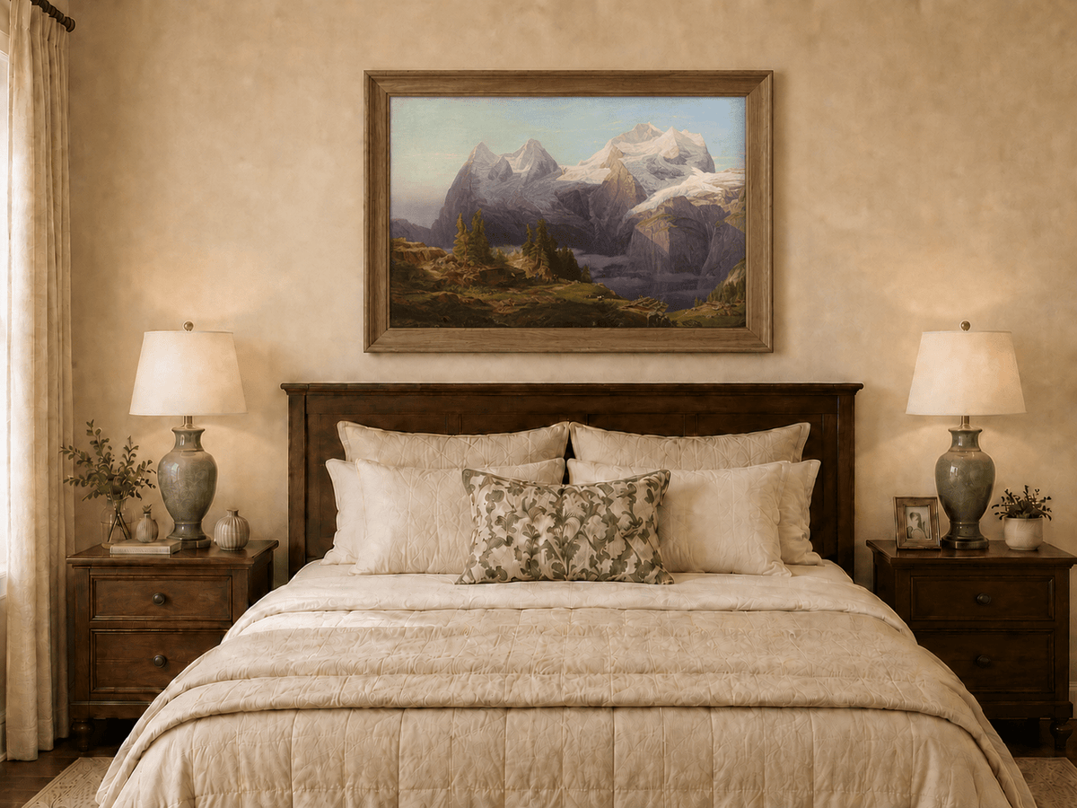 Landscape Oil Painting - Alpine Snow Peak & Cabin