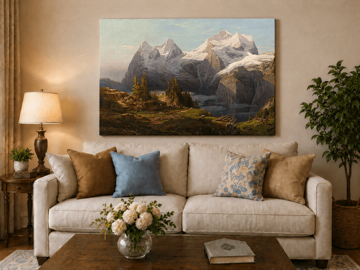 Landscape Oil Painting - Alpine Snow Peak & Cabin