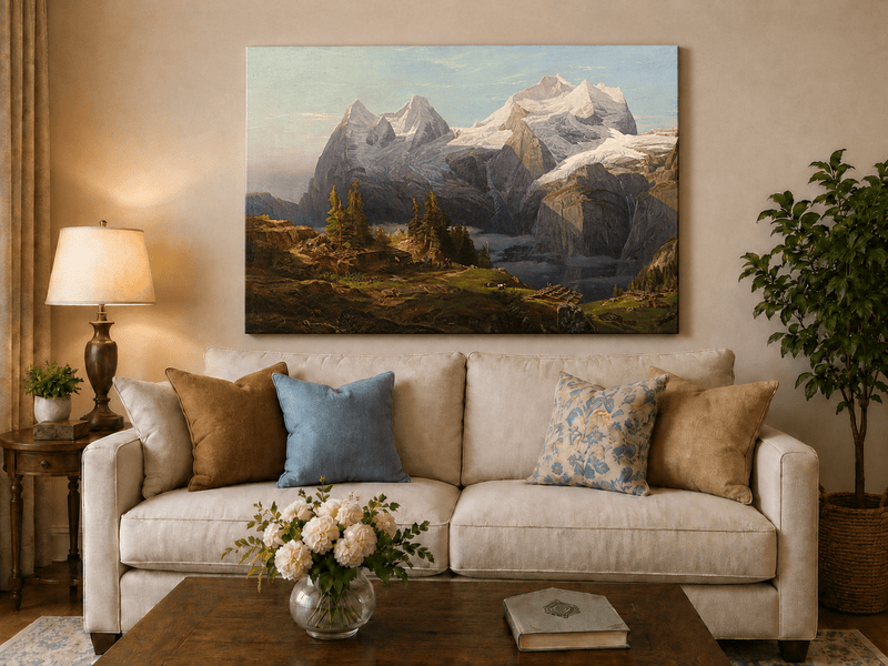 Landscape Oil Painting - Alpine Snow Peak & Cabin