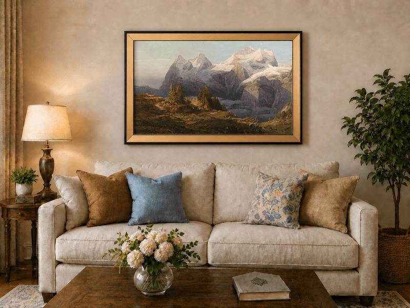 Landscape Oil Painting - Alpine Snow Peak & Cabin
