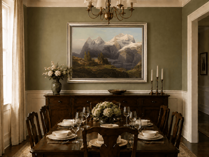 Landscape Oil Painting - Alpine Snow Peak & Cabin