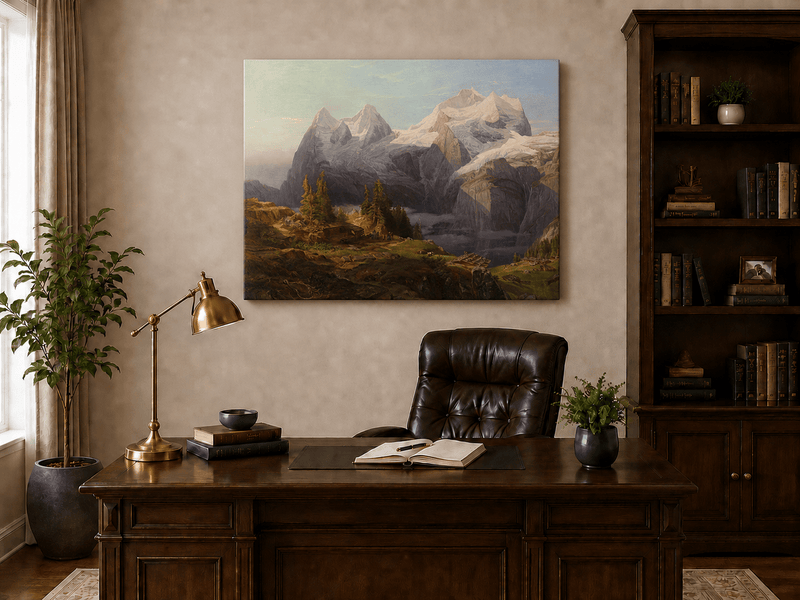 Landscape Oil Painting - Alpine Snow Peak & Cabin
