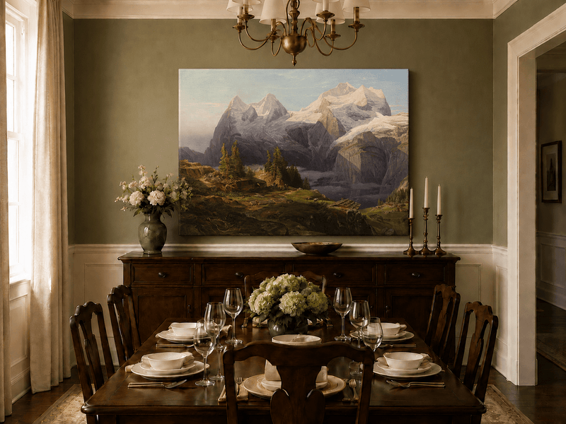 Landscape Oil Painting - Alpine Snow Peak & Cabin