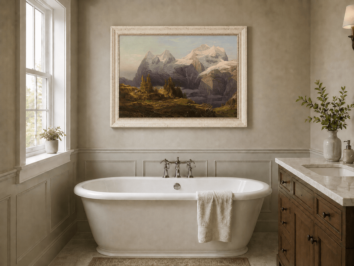 Landscape Oil Painting - Alpine Snow Peak & Cabin