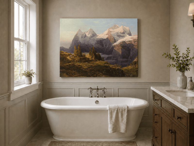 Landscape Oil Painting - Alpine Snow Peak & Cabin