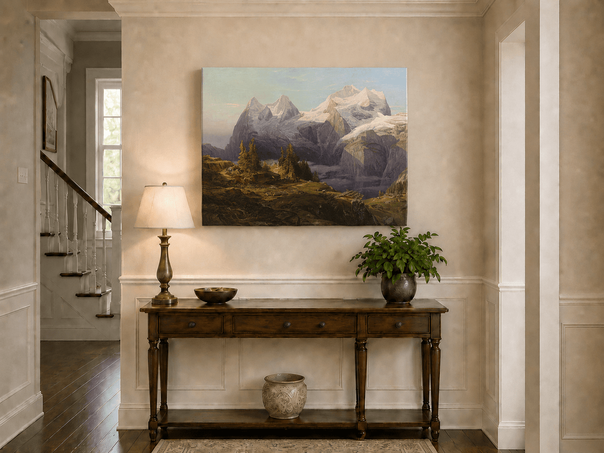 Landscape Oil Painting - Alpine Snow Peak & Cabin