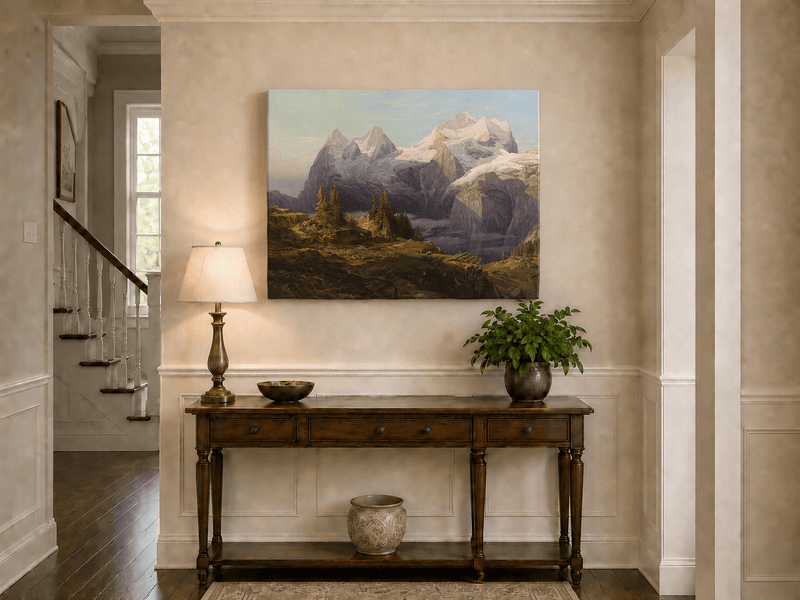 Landscape Oil Painting - Alpine Snow Peak & Cabin