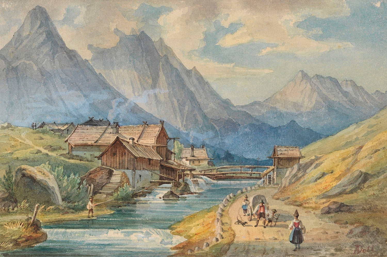 Landscape Oil Painting - Alpine Stream Village with Chalets - Oil Painting Haven