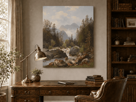 Hand-painted alpine stream with pines and boulders landscape oil painting displayed above a desk in a home office interior.