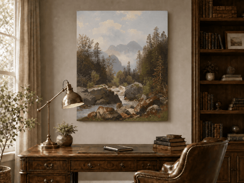 Hand-painted alpine stream with pines and boulders landscape oil painting displayed above a desk in a home office interior.