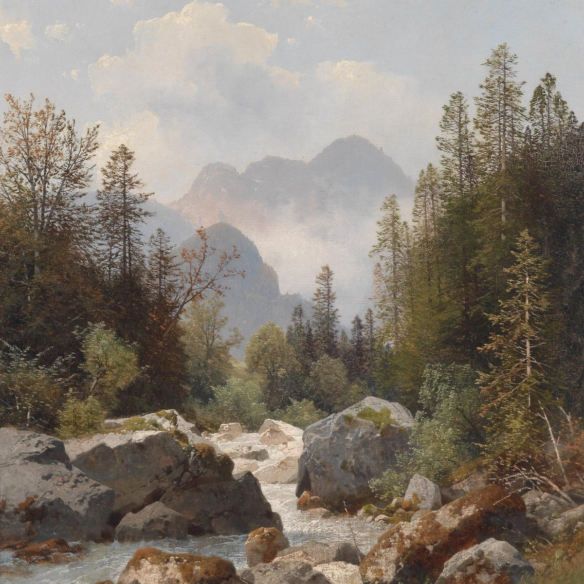 Hand-painted alpine stream with pines and boulders landscape oil painting on canvas