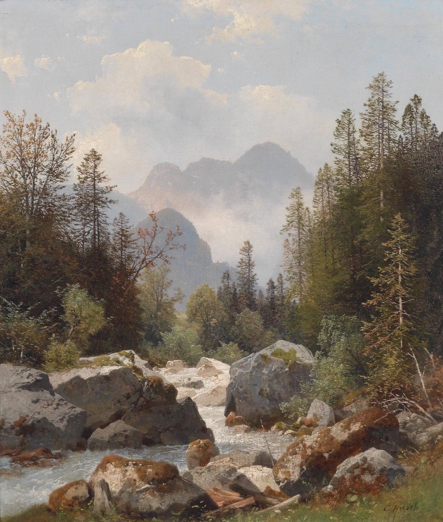 Hand-painted alpine stream with pines and boulders landscape oil painting on canvas