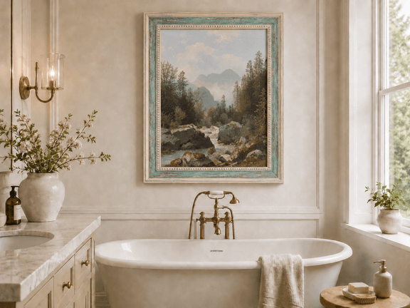 Hand-painted alpine stream with pines and boulders landscape oil painting displayed in a bathroom interior above a bathtub.