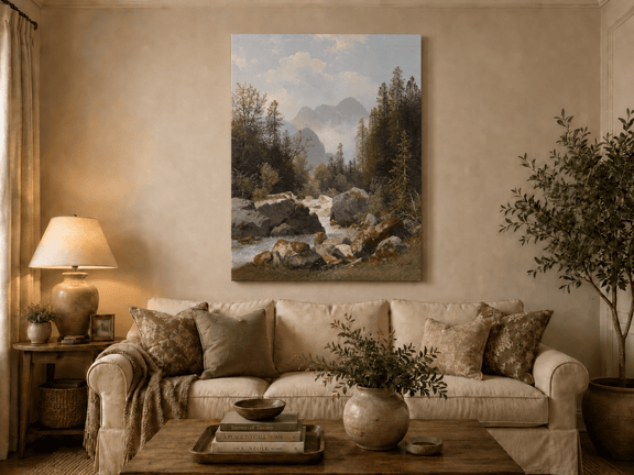 Hand-painted alpine stream with pines and boulders landscape oil painting displayed above a sofa in a living room interior.