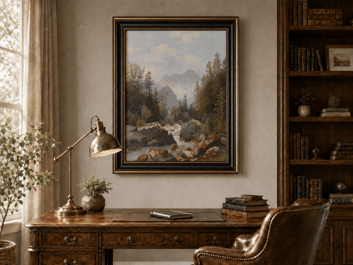 Hand-painted alpine stream with pines and boulders landscape oil painting displayed above a desk in a home office interior.