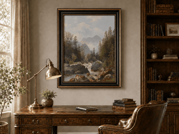 Hand-painted alpine stream with pines and boulders landscape oil painting displayed above a desk in a home office interior.