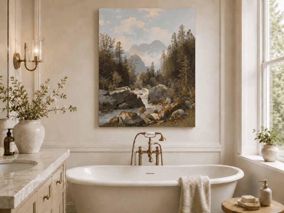 Hand-painted alpine stream with pines and boulders landscape oil painting displayed in a bathroom interior above a bathtub.