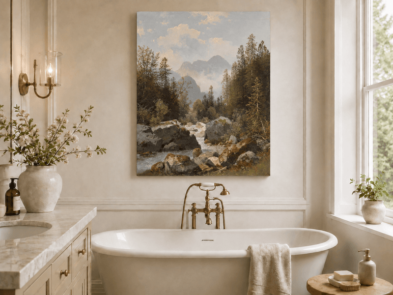 Hand-painted alpine stream with pines and boulders landscape oil painting displayed in a bathroom interior above a bathtub.