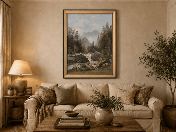 Hand-painted alpine stream with pines and boulders landscape oil painting displayed above a sofa in a living room interior.
