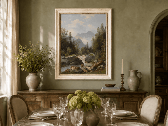 Hand-painted alpine stream with pines and boulders landscape oil painting displayed in a dining room interior.