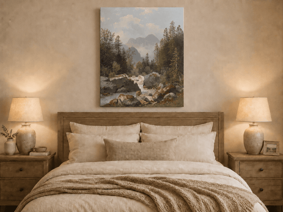 Hand-painted alpine stream with pines and boulders landscape oil painting displayed above a bed in a bedroom interior.