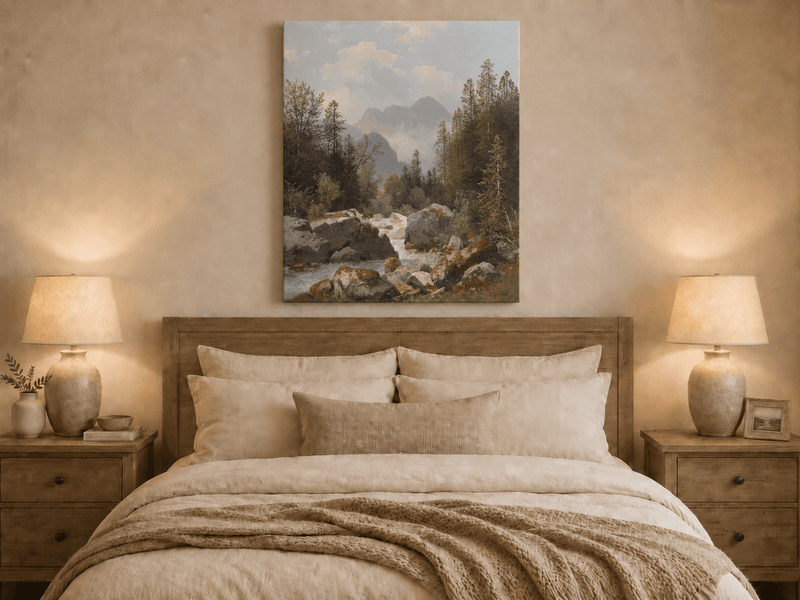 Hand-painted alpine stream with pines and boulders landscape oil painting displayed above a bed in a bedroom interior.