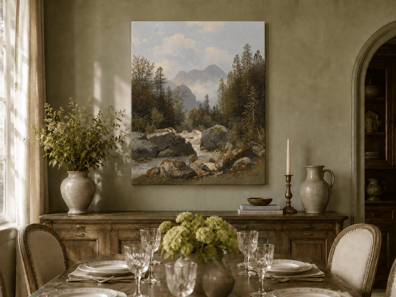 Hand-painted alpine stream with pines and boulders landscape oil painting displayed in a dining room interior.