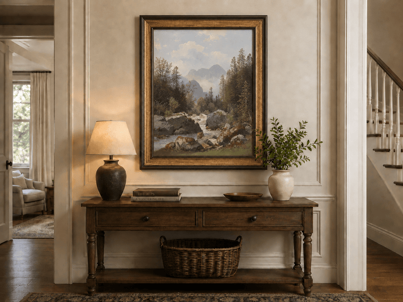 Hand-painted alpine stream with pines and boulders landscape oil painting displayed above a console table in a hallway interior.