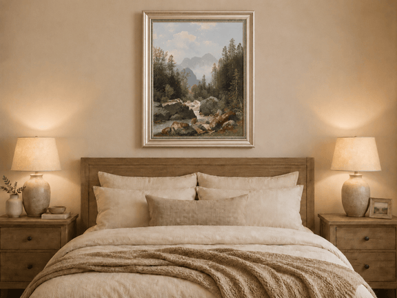 Hand-painted alpine stream with pines and boulders landscape oil painting displayed above a bed in a bedroom interior.