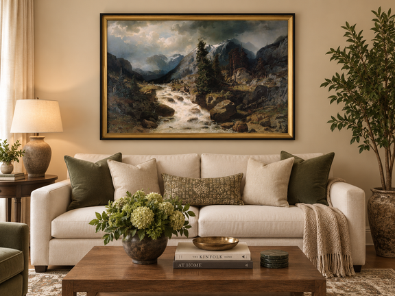 Hand-painted Alpine Torrent beneath Stormy Peaks landscape oil painting displayed as wall art in a styled interior