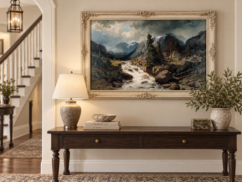 Hand-painted Alpine Torrent beneath Stormy Peaks landscape oil painting displayed as wall art in a styled interior