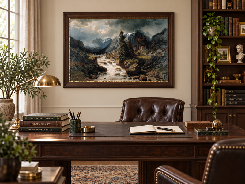 Hand-painted Alpine Torrent beneath Stormy Peaks landscape oil painting displayed as wall art in a styled interior
