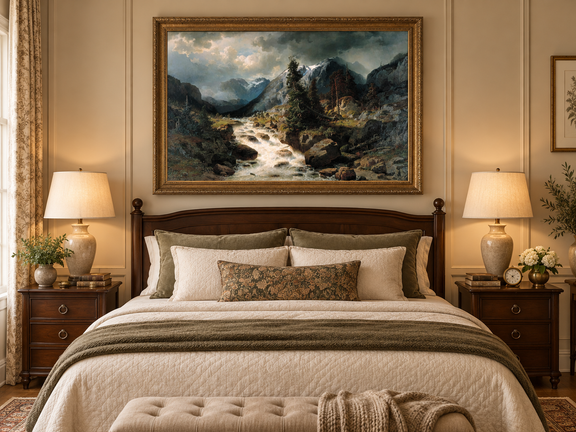 Hand-painted Alpine Torrent beneath Stormy Peaks landscape oil painting displayed as wall art in a styled interior