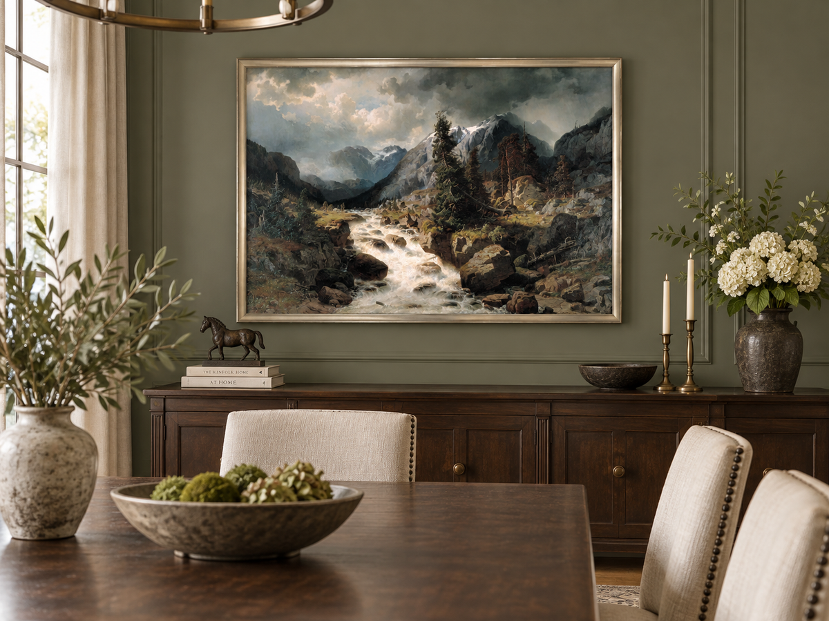 Hand-painted Alpine Torrent beneath Stormy Peaks landscape oil painting displayed as wall art in a styled interior