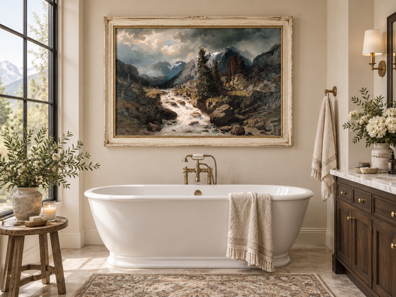 Hand-painted Alpine Torrent beneath Stormy Peaks landscape oil painting displayed as wall art in a styled interior
