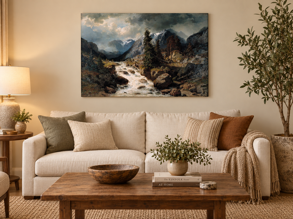 Hand-painted Alpine Torrent beneath Stormy Peaks landscape oil painting displayed as wall art in a styled interior